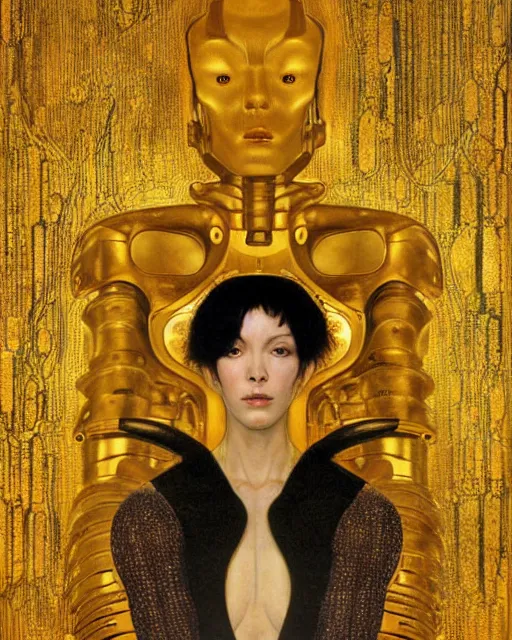 Prompt: Golden Portrait of a Cyborg from Ghost in the shell by Gustav Klimt, cyberpunk noir, baroque elements, intricate artwork by caravaggio, aesthetic, intricate, highly detailed, masterpiece