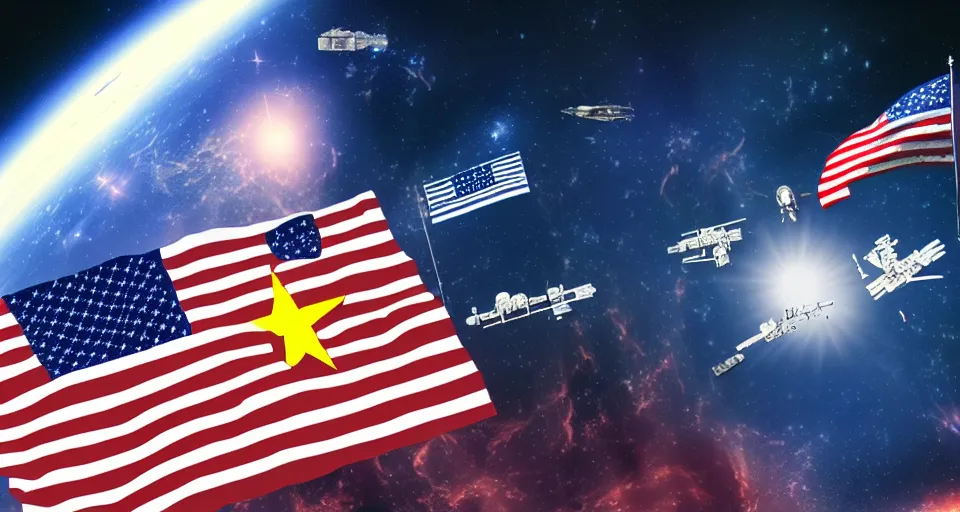 Image similar to space war between china and usa, desaturated, moebius, usa flag on a spaceship, china flag on a spaceship, complementing colors, maschinen krieger, beeple, film, atmospheric perspective