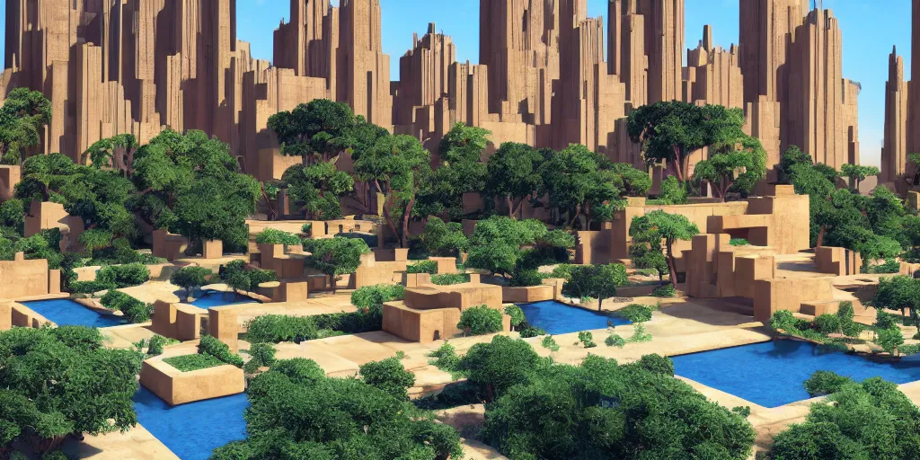 Prompt: geometric babylonian garden based on the design of frank lloyd wright in a megacity made of travertine brutalist temples, group of monks in blue robes in the foreground, massive golden space elevators in the distance, sci-fi, blue sky with clouds, optimistic matte painting, style by syd mead, 8k, octane render, photorealistic, hyperrealism