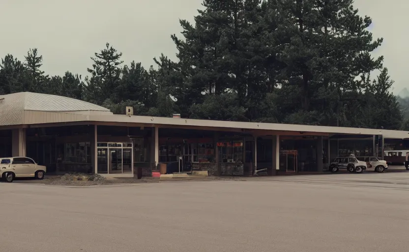 Image similar to cinematic still screenshot of the port byron travel plaza in the middle of nowhere, shot by saul leiter, camera height 7 feet, moody cinematography, 2 4 mm anamorphic lens