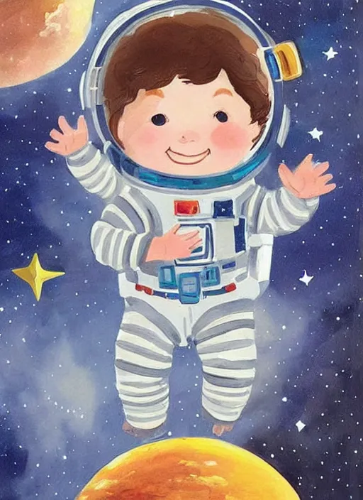 Image similar to a cute little girl with a round cherubic face, blue eyes, and short wavy light brown hair smiles as she floats in space with stars all around her. she is an astronaut, wearing a space suit. beautiful painting with highly detailed face by quentin blake and greg rutkowski