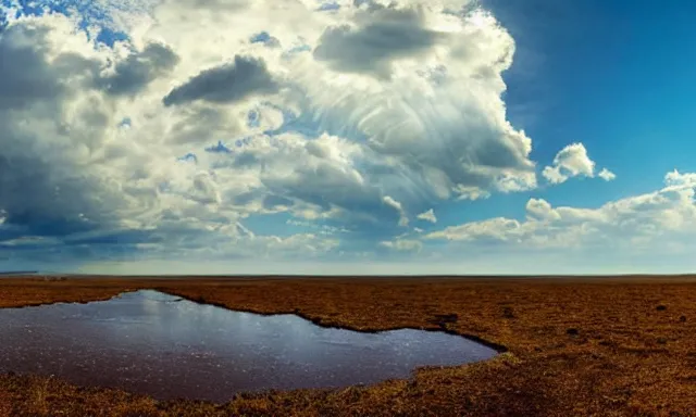 Image similar to beautiful panorama of many magnificent big raindrops flying upwards into the perfect cloudless blue sky above a dried up river surrounded by desolate land and dead trees, blue sky, hot and sunny highly-detailed, elegant, dramatic lighting, artstation, 4k, cinematic landscape, masterpiece photograph by Elisabeth Gadd