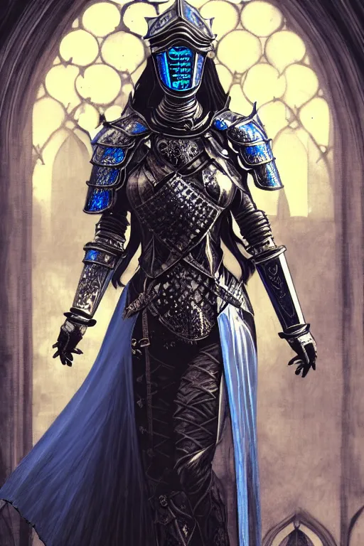 Image similar to beautiful luxury and gothic and victorian and evil medieval female blue armor knight portrait+smoky eyes+light flowing hair, in ruin gothic cathedral, ultradetail face, art and illustration by tian zi and craig mullins and WLOP and alphonse mucha, fantasy, intricate complexity, human structure, fantasy world concept, watermark, blurry, hyperrealism 8k