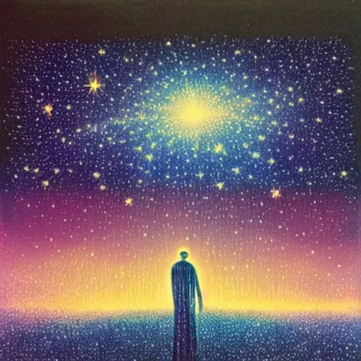 Prompt: the constellation of twinkling stars show a palace in the night sky, Michael Devine, Caspar David Friedrich, spiritual, nebula, romantic, Alex Grey