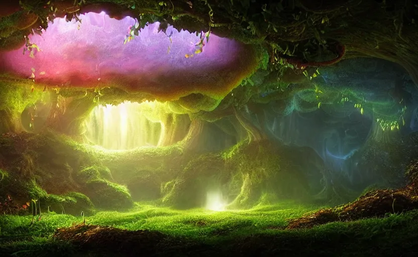 Image similar to a beautiful and stunning professional digital artwork of a glowing mushroom cave, haze, spores floating in the air, vines, water, volumetric lighting, hyperrealistic, rtx on, ultra detail