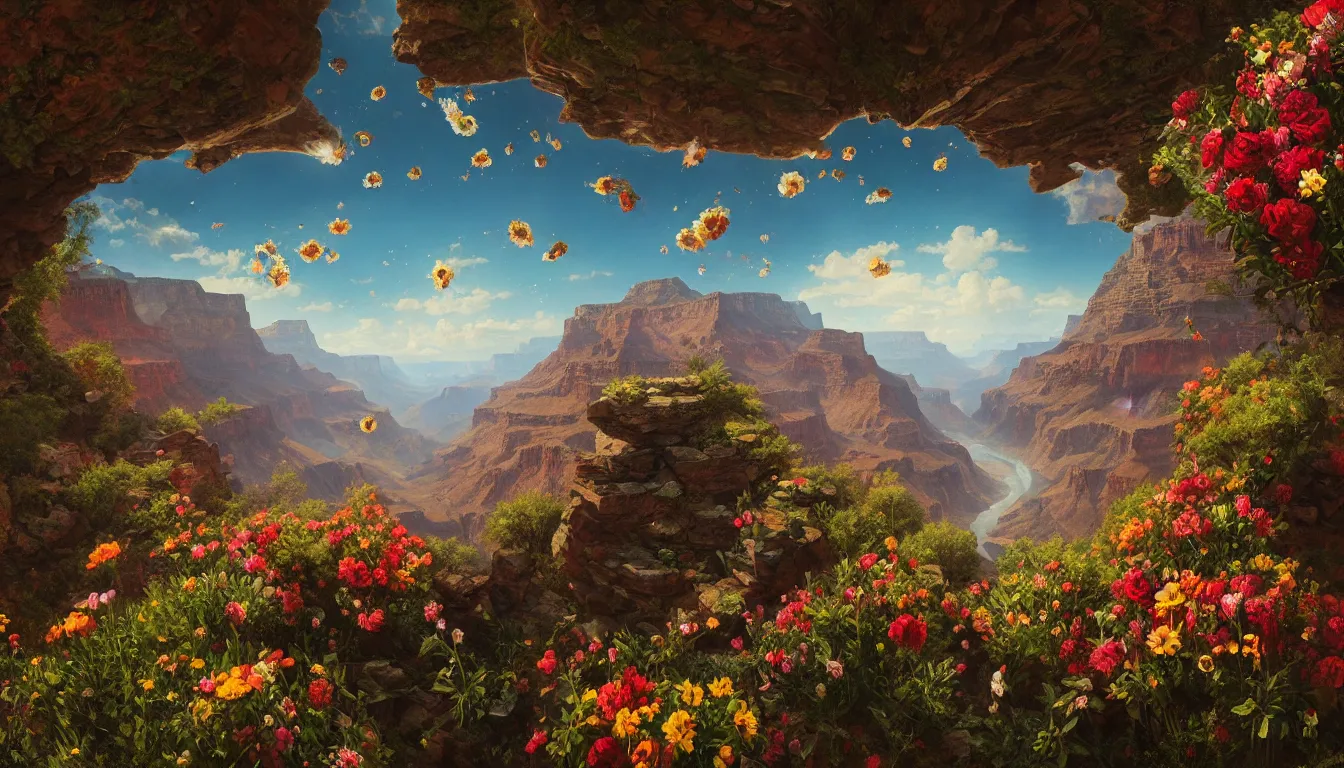 Prompt: An epic fantastic realism comic book style painting of the most beautiful flowers raining from the skies over the Grand Canyon, fisheye lens, painted by the Hudson River school, unreal 5, DAZ, hyperrealistic, octane render, dynamic lighting