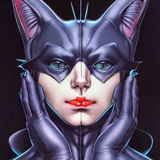 Image similar to prompt : portrait of cat women from batman soft light painted by james jean and katsuhiro otomo and erik jones, inspired by akira anime, smooth face feature, intricate oil painting, high detail illustration, sharp high detail, manga and anime 1 9 9 9