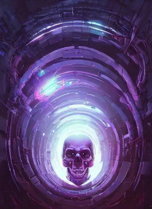 Image similar to a futuristic skull with glowing eyes and a wormhole tunnel cyberpunk art by android jones, cyberpunk art by beeple!!!!, featured on artstation, darksynth, synthwave