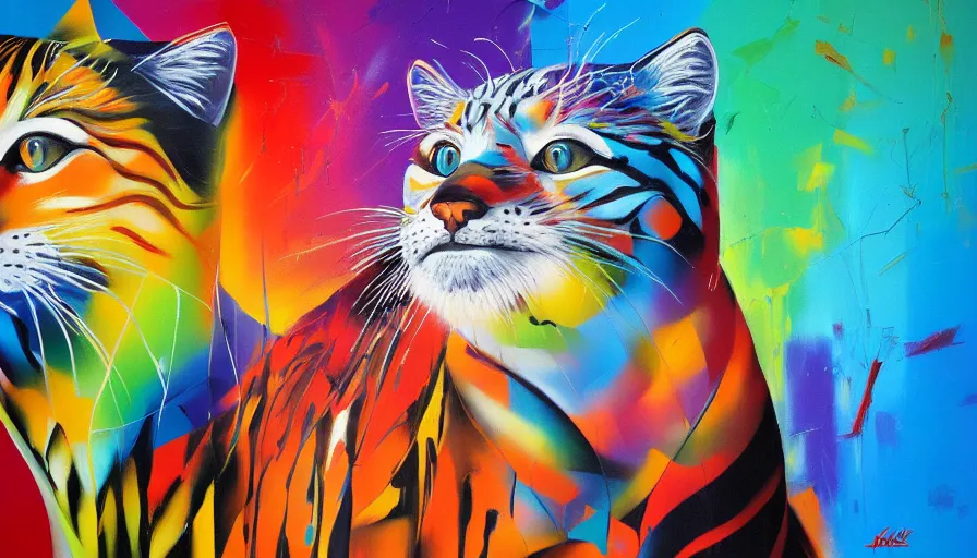 Prompt: contemporary semi abstract acrylic painting of really tall sitting wild cats by makoto shinkai, by eduardo kobra, kessler art, thick brush strokes and visible paint layers, multicolor color scheme