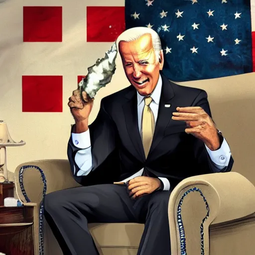 Image similar to joe biden is holding a giant rolled up joint while sitting on a couch in a messed up apartment, stoned eyes, smoke, beautiful digital art, amazing detail, artstation, award winning, sharp