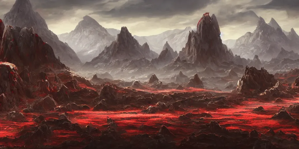 Image similar to The blood-soaked stone landscape with mountains in the background, Sci-Fi fantasy desktop wallpaper, painted, 4k, high detail, sharp focus