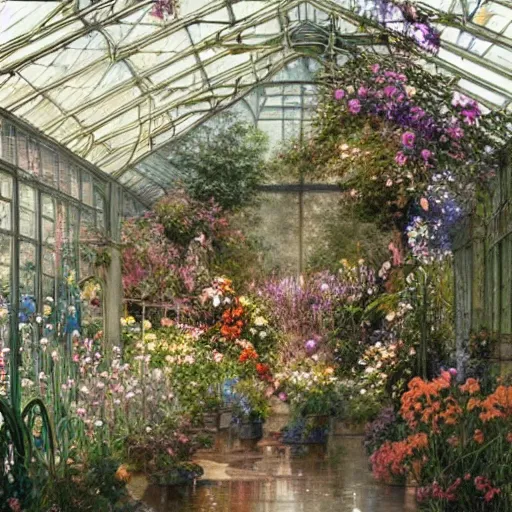 Image similar to a beautifull intricate watercolour painting of a greenhouse with many flowers, reflexions, verry high details by william turner art, greg rutkowski and alphonse mucha, trending on artstation, very very detailed, masterpiece, - h 7 0 4