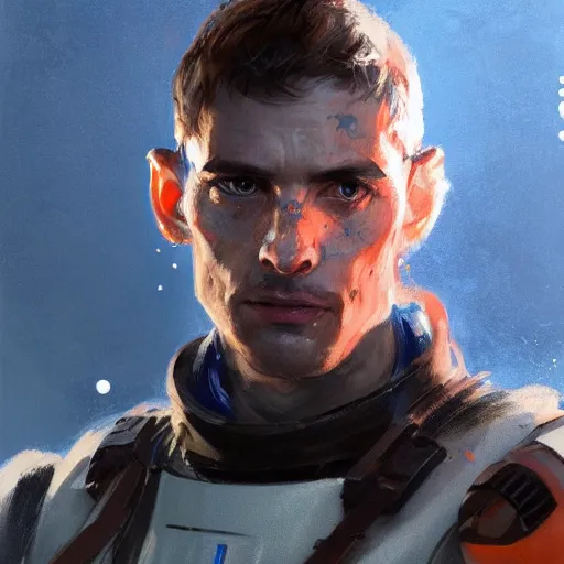 Image similar to portrait of a man by greg rutkowski, a soldier of the new galactic republic, wearing a white, blue and orange tactical gear, star wars expanded universe, highly detailed portrait, digital painting, artstation, concept art, smooth, sharp foccus ilustration, artstation hq