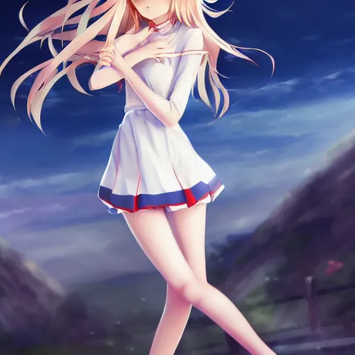 Prompt: a very beautiful anime cute girl, full body, long wavy blond hair, sky blue eyes, full round face, short smile, fancy top, miniskirt, front view, medium shot, mid-shot, highly detailed, cinematic wallpaper by Stanley Artgerm Lau