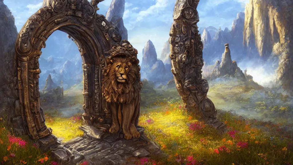 Prompt: A giant medieval fantasy blue energy portal gate with a rusty gold carved lion face at the center of it, the portal takes you to another world, full of colorful flowers on the lost Vibes and mountains in the background, spring, delicate fog, sea breeze rises in the air, by andreas rocha and john howe, and Martin Johnson Heade, featured on artstation, featured on behance, golden ratio, ultrawide angle, f32, well composed