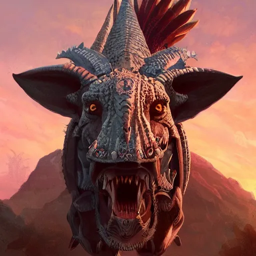 Prompt: triceratops with aztec headdress, greg rutkowski, digital illustration, concept art, dnd, face, fantasy, intricate, elegant, highly detailed, digital painting, artstation, full body, long shot, cinematic lighting