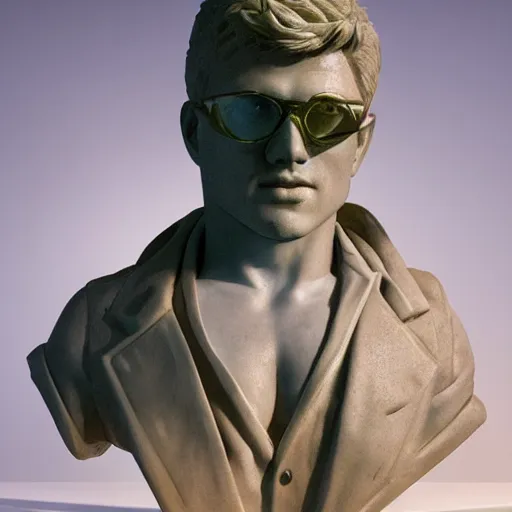 Prompt: a detailed marble bust sculpture of jensen ackles wearing glowing neon slotted and shuttered 1 9 8 0 s glasses, vaporwave style masterpiece, 8 k, art by greg rutkowski and albert bierstadt and arthur rackham and alphones mucha