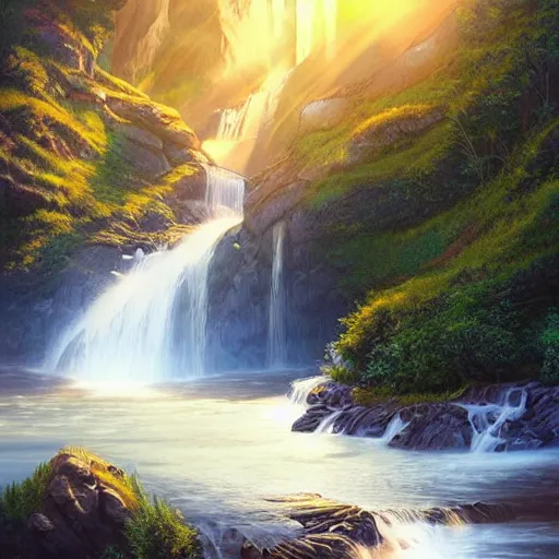 Image similar to beautiful waterfall between lush mountains in the sunset casting rays of light, highly detailed, sharp focus, artgerm, cgsociety