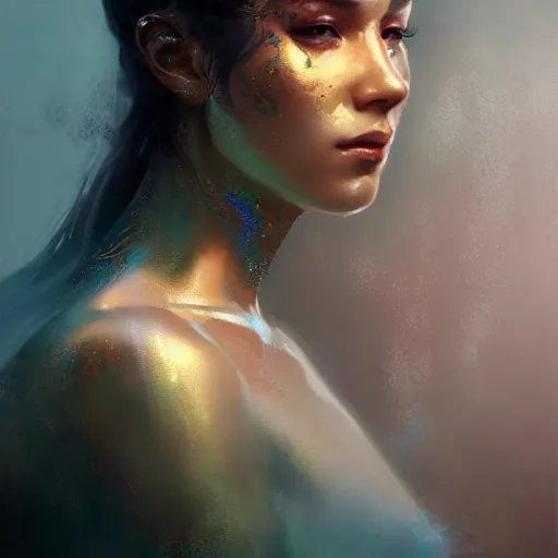 Prompt: a beautiful portrait of a goddess with iridescent skin by greg rutkowski and raymond swanland, trending on artstation