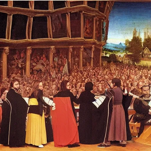 Prompt: The Beatles playing in the Globe Theatre, Renaissance art oil painting,