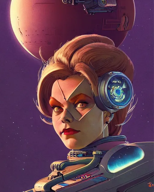 Image similar to brigitte from overwatch, character portrait, portrait, close up, concept art, intricate details, highly detailed, vintage sci - fi poster, retro future, in the style of chris foss, rodger dean, moebius, michael whelan, and gustave dore