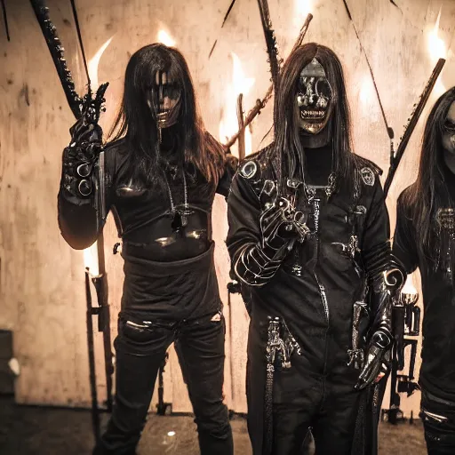 Prompt: cyberpunk black metal band, 3 - piece, guitarists, bassist, drummer, vocalist, all black cyberpunk clothes, robotic prosthetic limbs, dermal implants, detailed faces, cyborg satan, futuristic, realistic, promo photograph, epk, room full of candles, high quality photograph, highly detailed