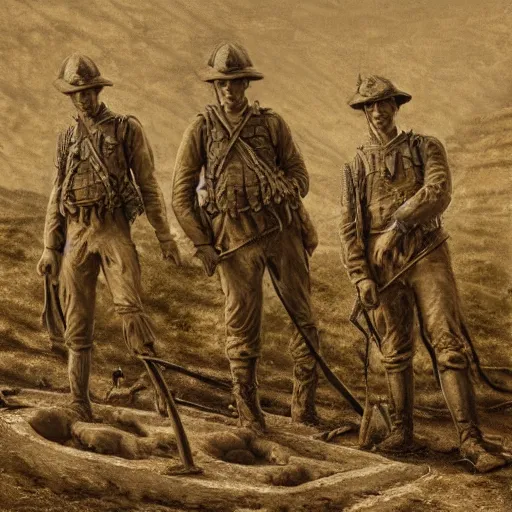 Image similar to ultra detailed photorealistic sepia - toned painting from 1 9 1 7, three british soldiers standing at an archaeological dig site in wadi rum, ultra realistic, painted, intricate details, lovecraft, atmospheric, dark, horror, brooding, highly detailed, by dave dorman