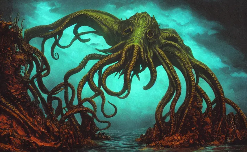 Image similar to cthulhu underwater looking up. matte painting.