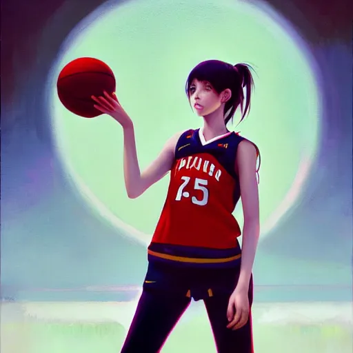 Image similar to A ultradetailed beautiful panting of a stylish girl wearing a basketball jersey, she is holding a basketball, Oil painting, by Ilya Kuvshinov, Greg Rutkowski and Makoto Shinkai