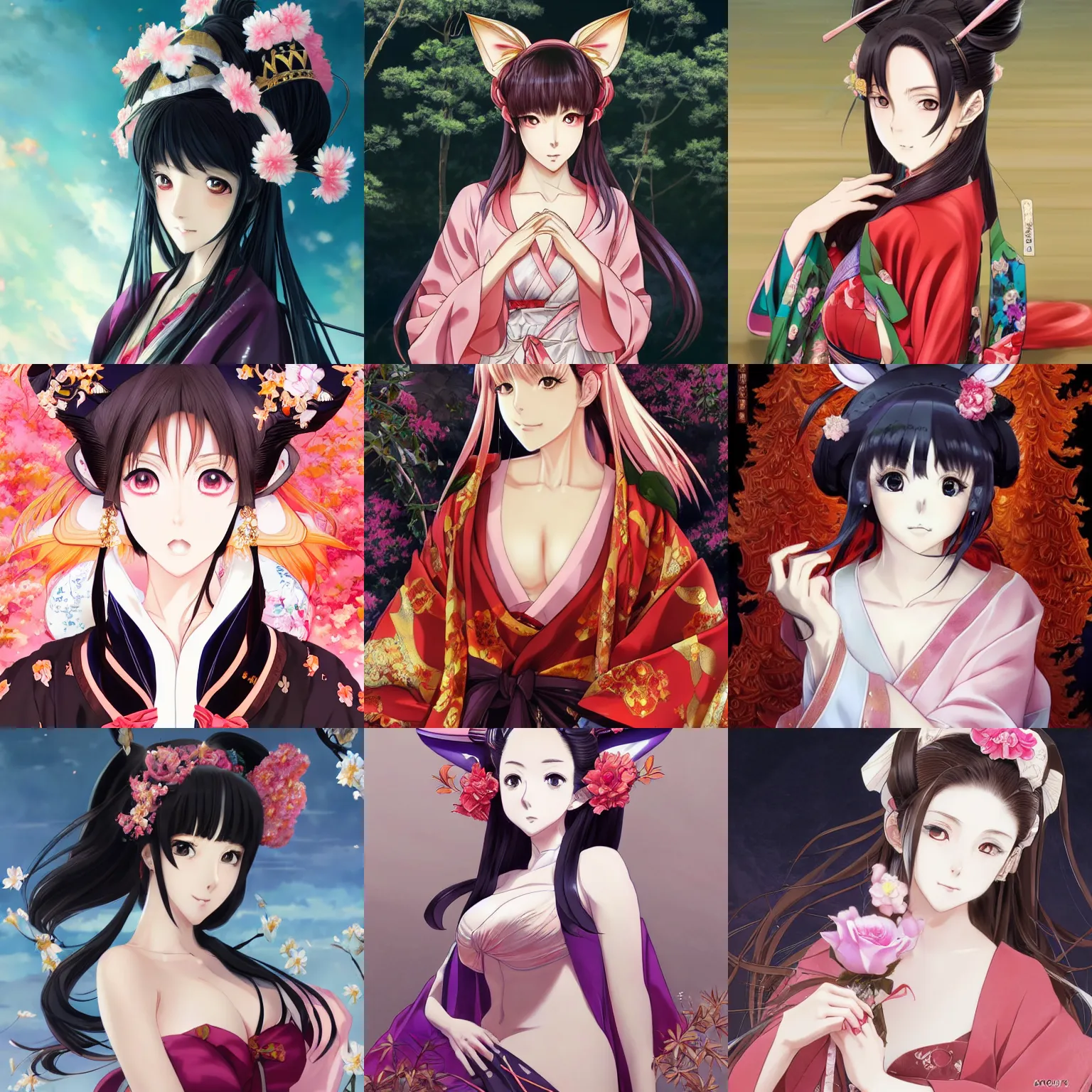 Prompt: An anime portrait of a beautiful 30-year-old Japanese noblewoman with fox ears and seductive eyes wearing a silk kimono, by a professional manga illustrator, Stanley Artgerm Lau, WLOP, Rossdraws, James Jean, Andrei Riabovitchev, Marc Simonetti, and Sakimichan, tranding on artstation