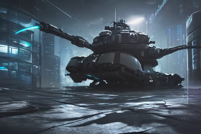 Image similar to cyberpunk alien concept inspired tank, futuristic look, highly detailed body, very powerful, photorealistic camera shot, bright studio setting, studio lighting, crisp quality and light reflections, unreal engine 5 quality render