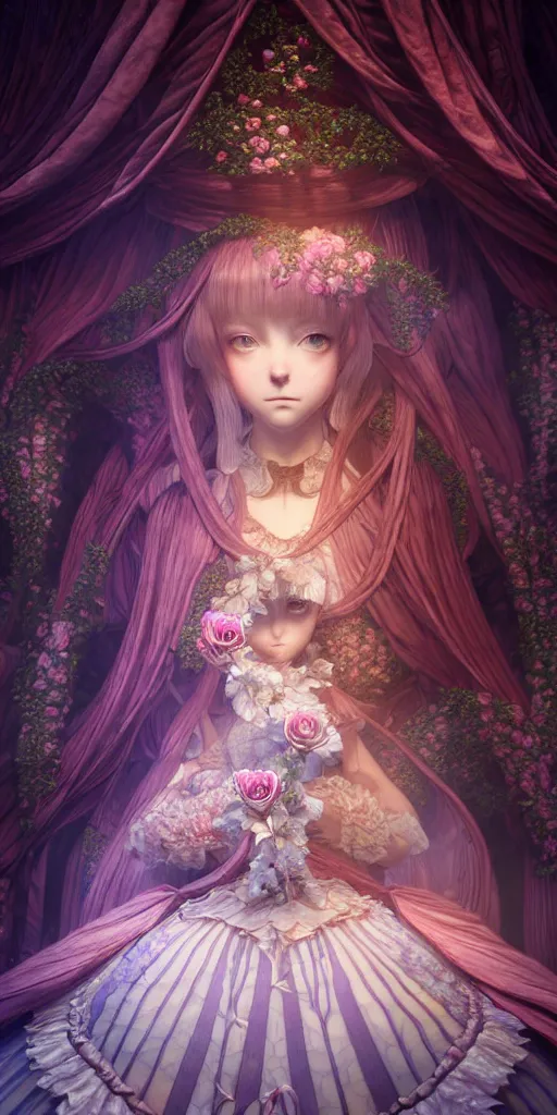 Image similar to the beautiful hyperdetailed physical rendering of a single rose flower wedding gothic lolita dress clothing design display in show in front of your eyes, perfectly shaded, atmospheric lighting, in the style of makoto shinkai, raphael lacoste louis comfort tiffany, artgerm, karol bak, ross tran, 8 k hd, fine texture structure, 3 drender,