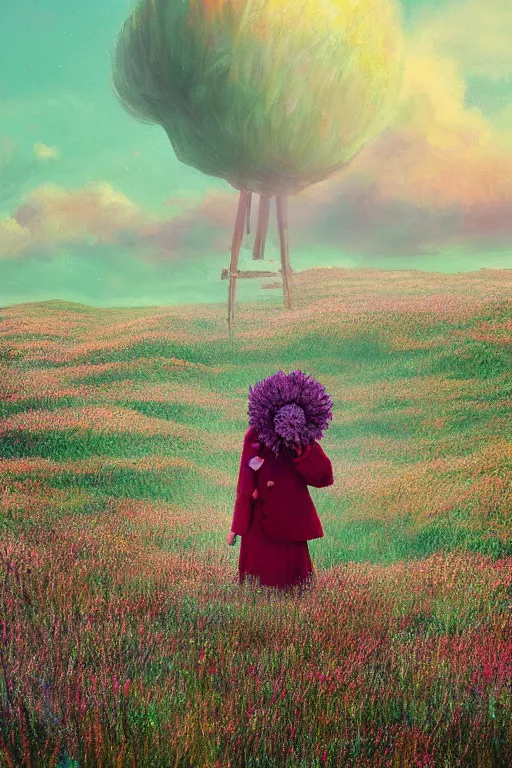 Prompt: portrait, giant flower head, girl wearing a coat in heather field, surreal photography, wind and cold, dramatic sky, impressionist painting, digital painting, artstation, simon stalenhag