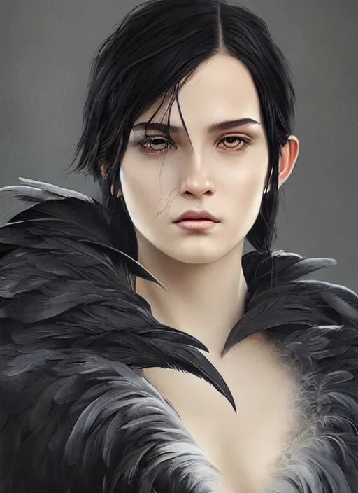 Image similar to a teenage girl with very short black hair and a huge cloak made of grey and black feathers. beautiful highly detailed face. beautiful painting by artgerm and greg rutkowski and raymond swanland