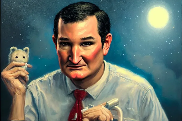 Image similar to portrait of ted cruz as the zodiac killer at night texas, an oil painting by ross tran and thomas kincade