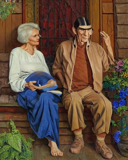 Prompt: a painting of leonard nimoy and janice rand sitting on a porch, a fine art painting by andre charles bieler and by ernest bieler and by jacob philipp hackert, shutterstock contest winner, german romanticism, wimmelbilder, detailed painting, academic art