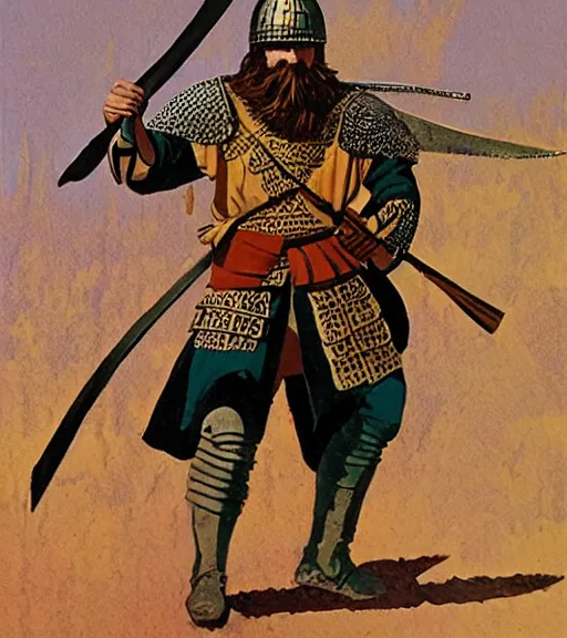 Image similar to character art illustration portrait of a medieval Byzantine infantry warrior by Angus McBride, dynamic pose.