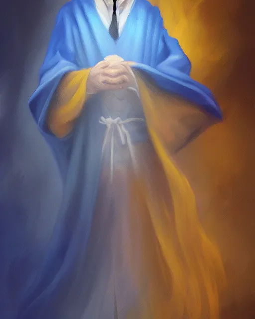 Prompt: Hyper realistic painting of a wizard in a blue robe, by Anato Finnstark, detailed, beautiful, trending on artstation