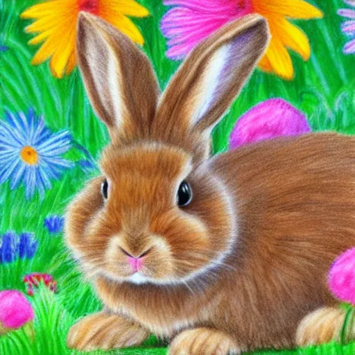 Image similar to fluffy tan lop eared bunny rabbit surrounded by colorful flowers detailed color pencil drawing 4 k