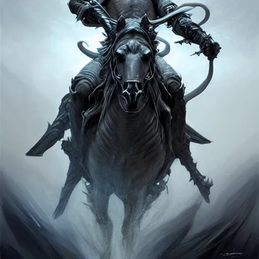 Image similar to concept art by artgerm, death of the four horsemen of the apocalypse, soft grey and blue natural light, intricate, queen of death riding, highly detailed dark art, digital painting, artstation, concept art, smooth, sharp focus, illustration, art by greg rutkowski and luis rollo and uang guangjian and gil elvgren, symmetry!