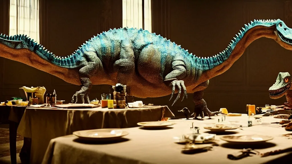 Prompt: the strange dinosaur sits at a table, film still from the movie directed by Denis Villeneuve with art direction by Salvador Dalí, long lens