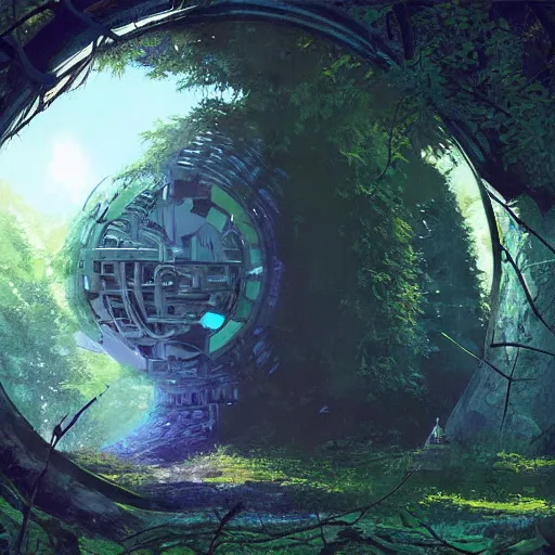 Prompt: derelict portal in a middle of a futuristic forest, world seen only through a portal, daylight, cinematic lighting, blue sky, syd mead, john harris