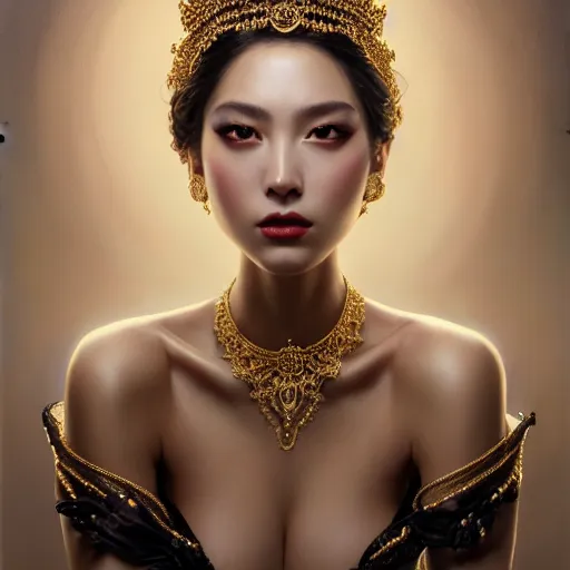 Prompt: expressive oil painting, of alluring european princess, seductive look, smooth glowing skin, glistening body, love, adoration, ornate headpiece made of black beads, glamour shot, slim, by yoshitaka amano, by greg rutkowski, by jeremyg lipkinng, by artgerm, digital art, octane render, white dress
