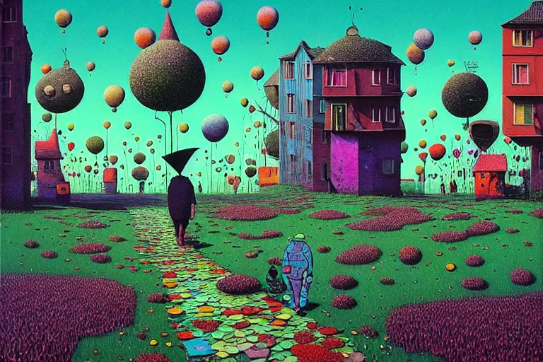 Prompt: surreal glimpse into other universe, walk walk eat eat, summer morning, very coherent and colorful high contrast, art by!!!! gediminas pranckevicius!!!!, geof darrow, floralpunk screen printing woodblock, dark shadows, hard lighting, stipple brush technique,