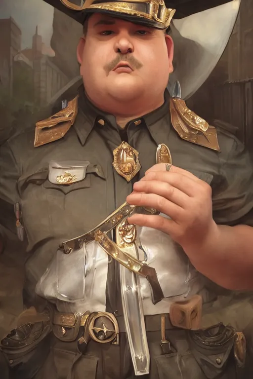 Prompt: a shifty fat high elf mall cop with a sheriff's badge with pointy elf ears, Oil Painting, hyperrealistic, octane render, Detailed Digital Art, RPG portrait, 3/4 bust, William-Adolphe Bouguereau, Michael Cheval, dynamic lighting, Highly Detailed, Cinematic Lighting, 8k, HD
