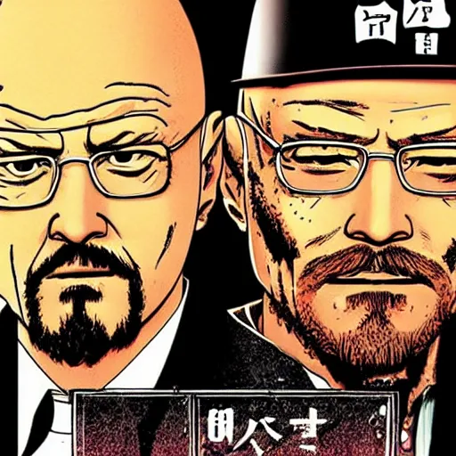 Image similar to cover art of a manga adaptation of breaking bad featuring walter white jesse pinkman and gus fring