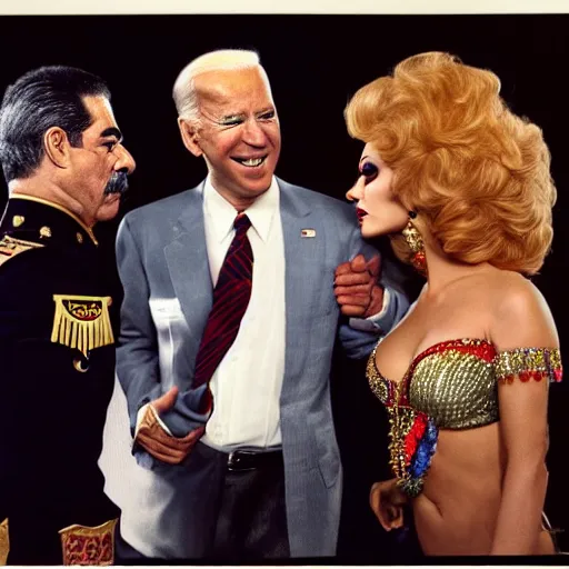 Image similar to UHD candid photo of Saddam Hussein and Joe Biden with a Vegas showgirl, accurate faces, UHD, photorealistic, correct face, photo by Annie Leibowitz