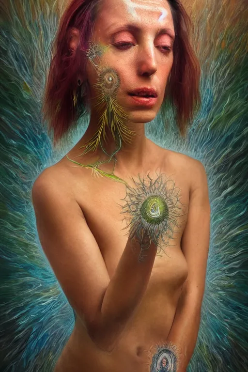 Image similar to transcendental meditation cult woman, opening third eye, chakra energy waves resonating from her body, ethereal aura, epic surrealism 8k oil painting, portrait, perspective, high definition, post modernist layering, by Peter Kemp