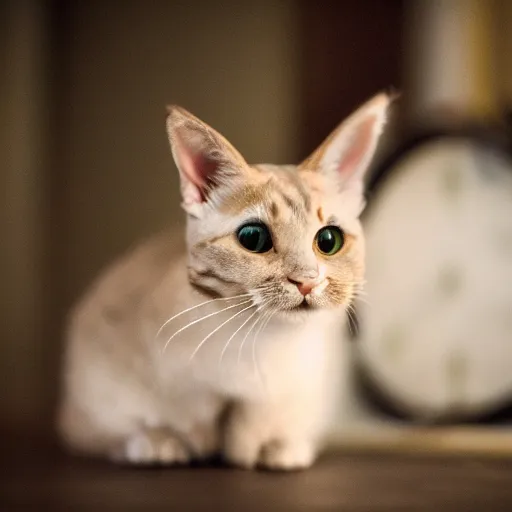 Image similar to cat - rabbit hybrid, a cross between a cat and a rabbit, cute, photograph 3 5 mm, f 2. 0, amazing lighting