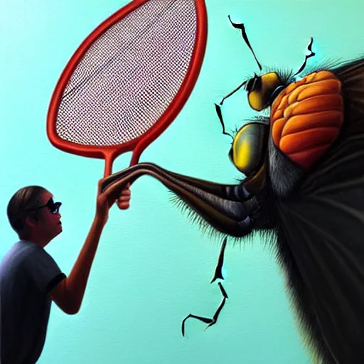 Image similar to hyperrealism painting from the housefly perspective getting swatted at from a man with a fly swatter